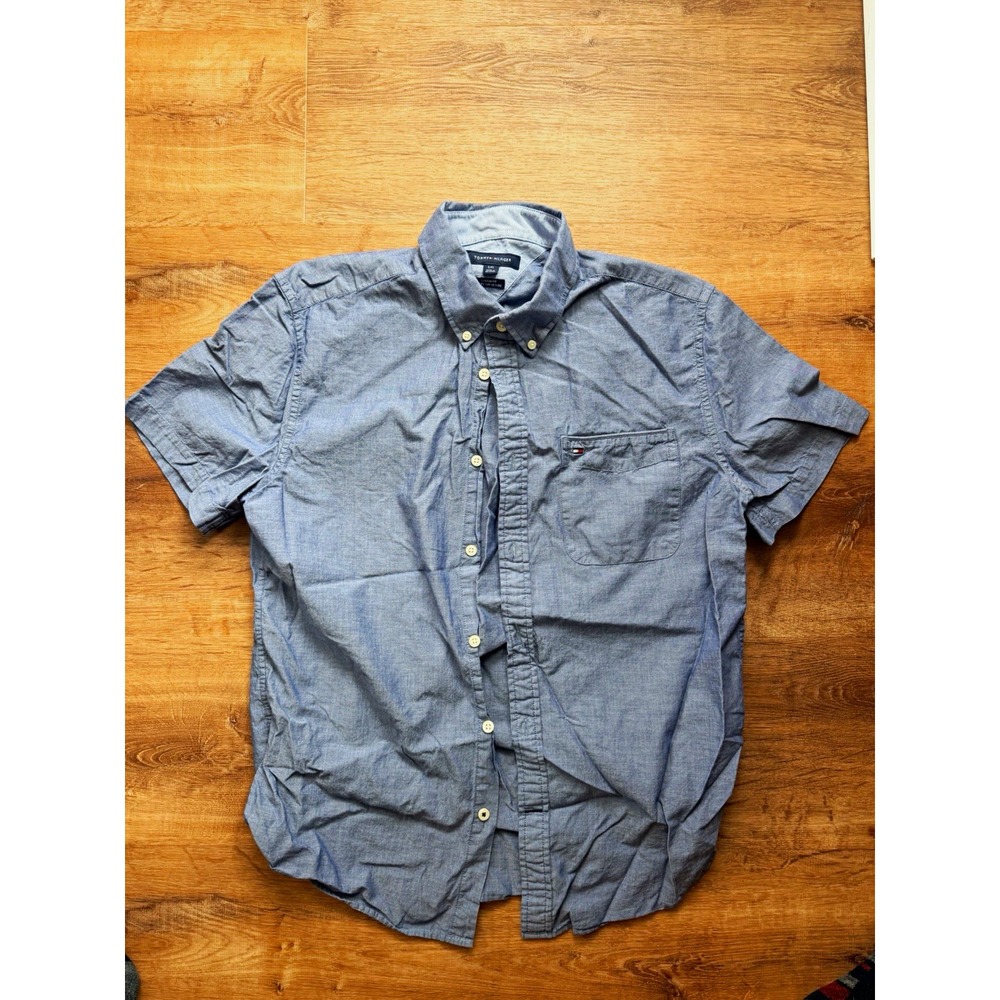 Tommy Hilfiger unisex L Blue Solid Custom Fit Short Sleeve Button-Down Shirt